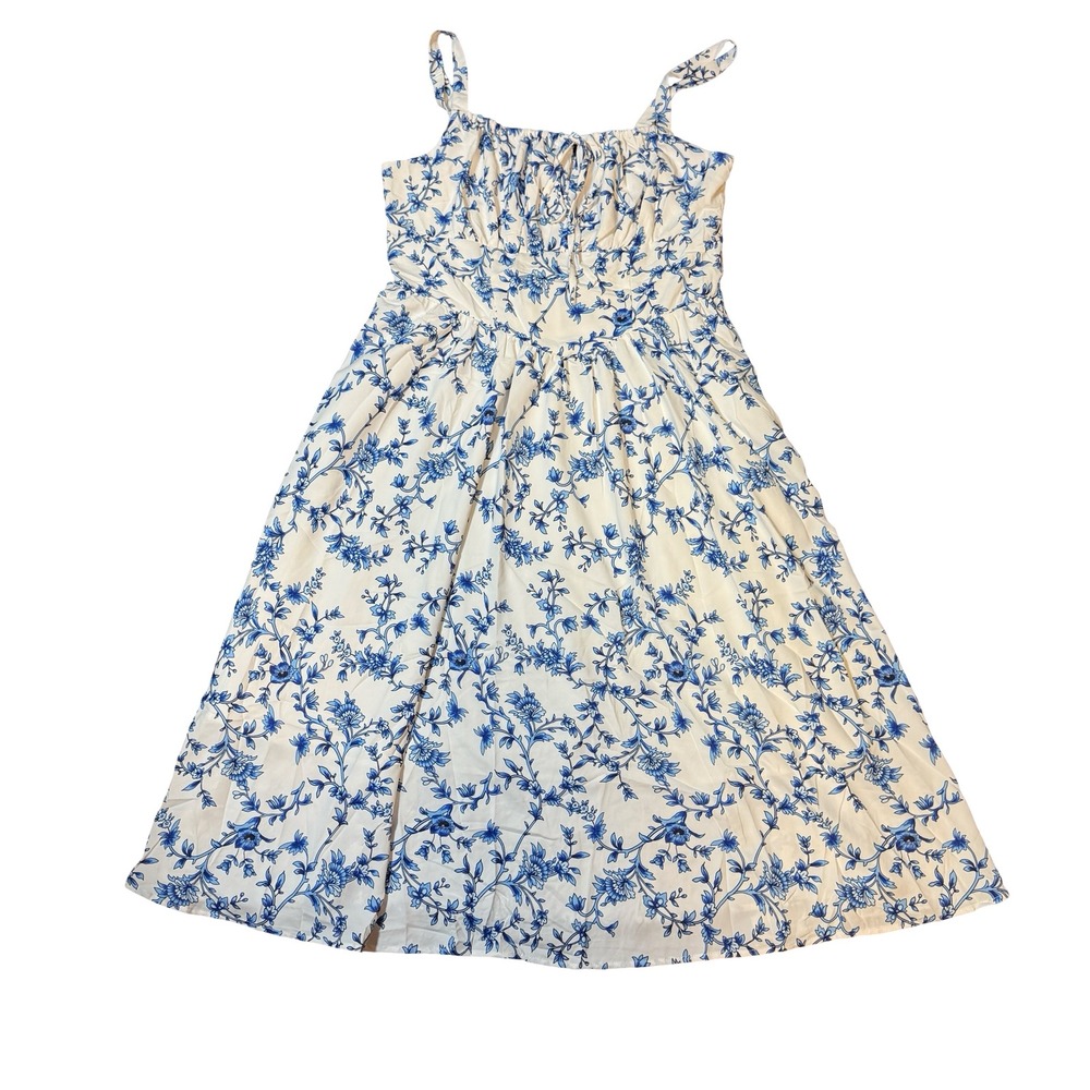 Scarlet Darkness Blue Floral Toile Milkmaid Midi Dress XL New Cottagecore White